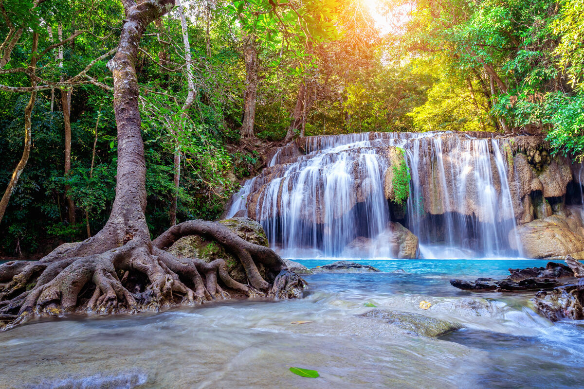 运动泰国的Erawan瀑布美丽的瀑布 天然的翡翠池岩石叶风景