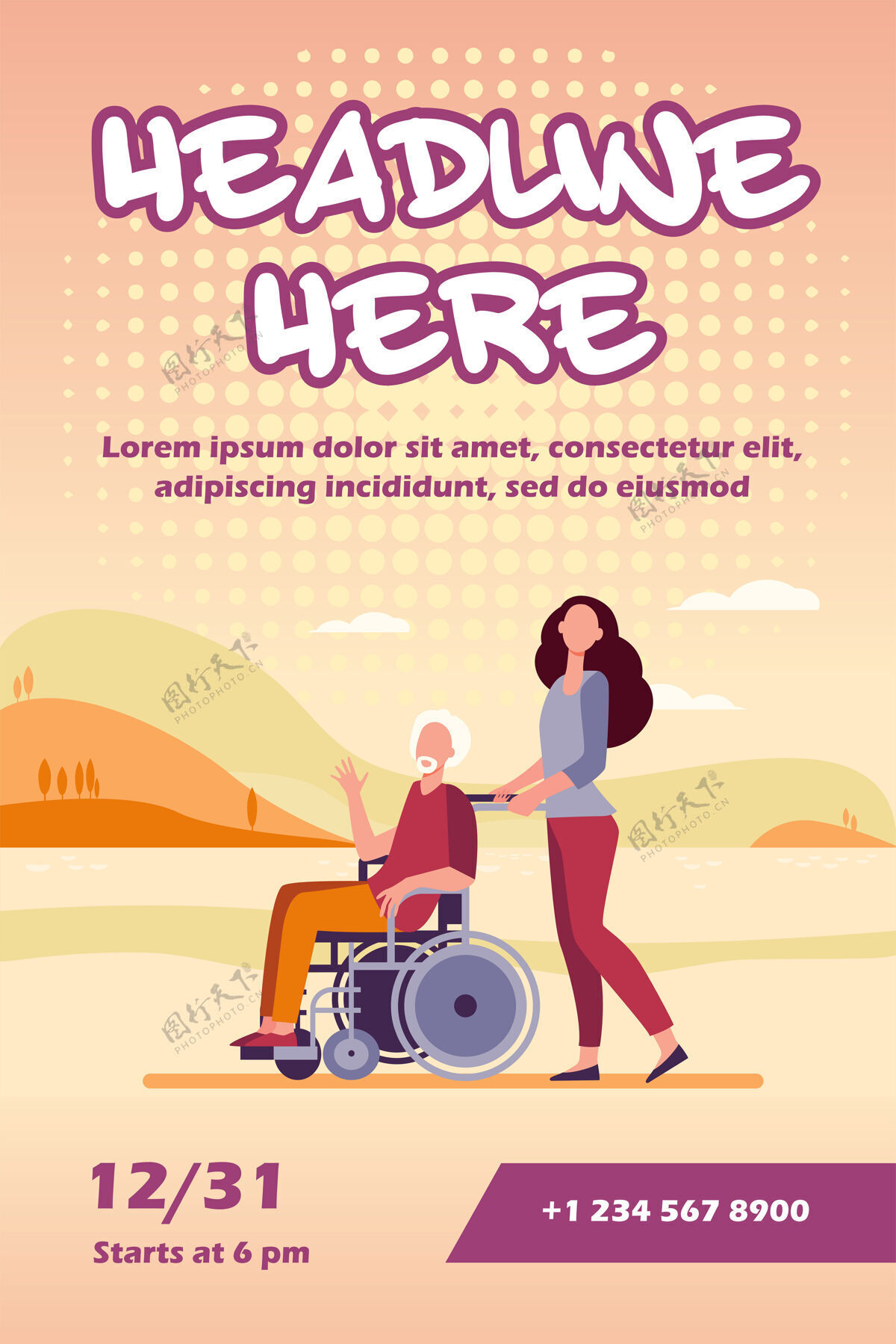 老年人年轻女子推着轮椅和老年男子传单模板疾病人物流动性