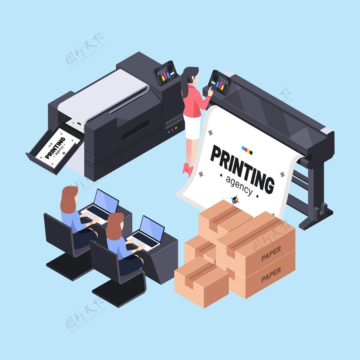 等距等距插图印刷业印刷业工人人
