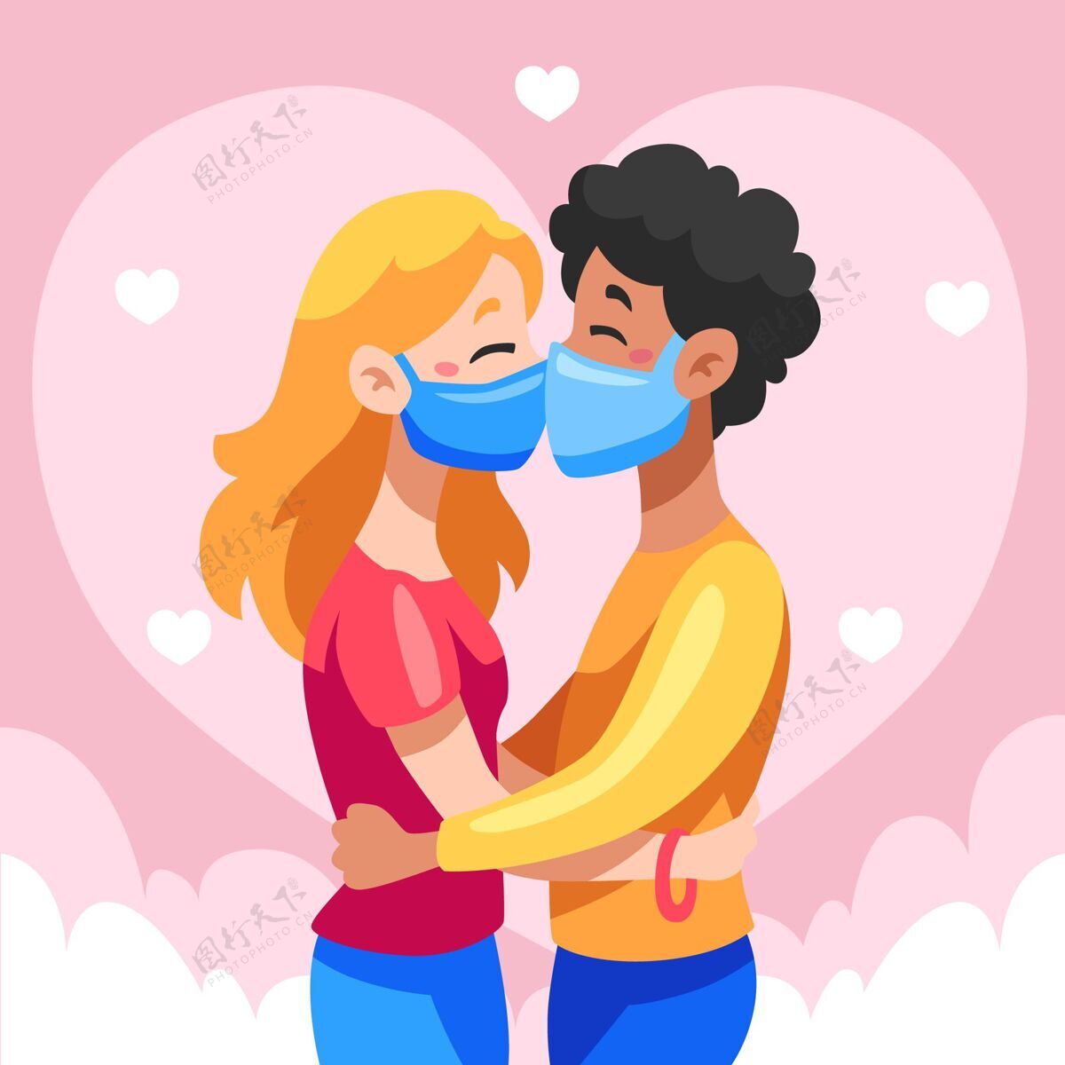 二人手绘情侣戴口罩接吻吻感情情侣