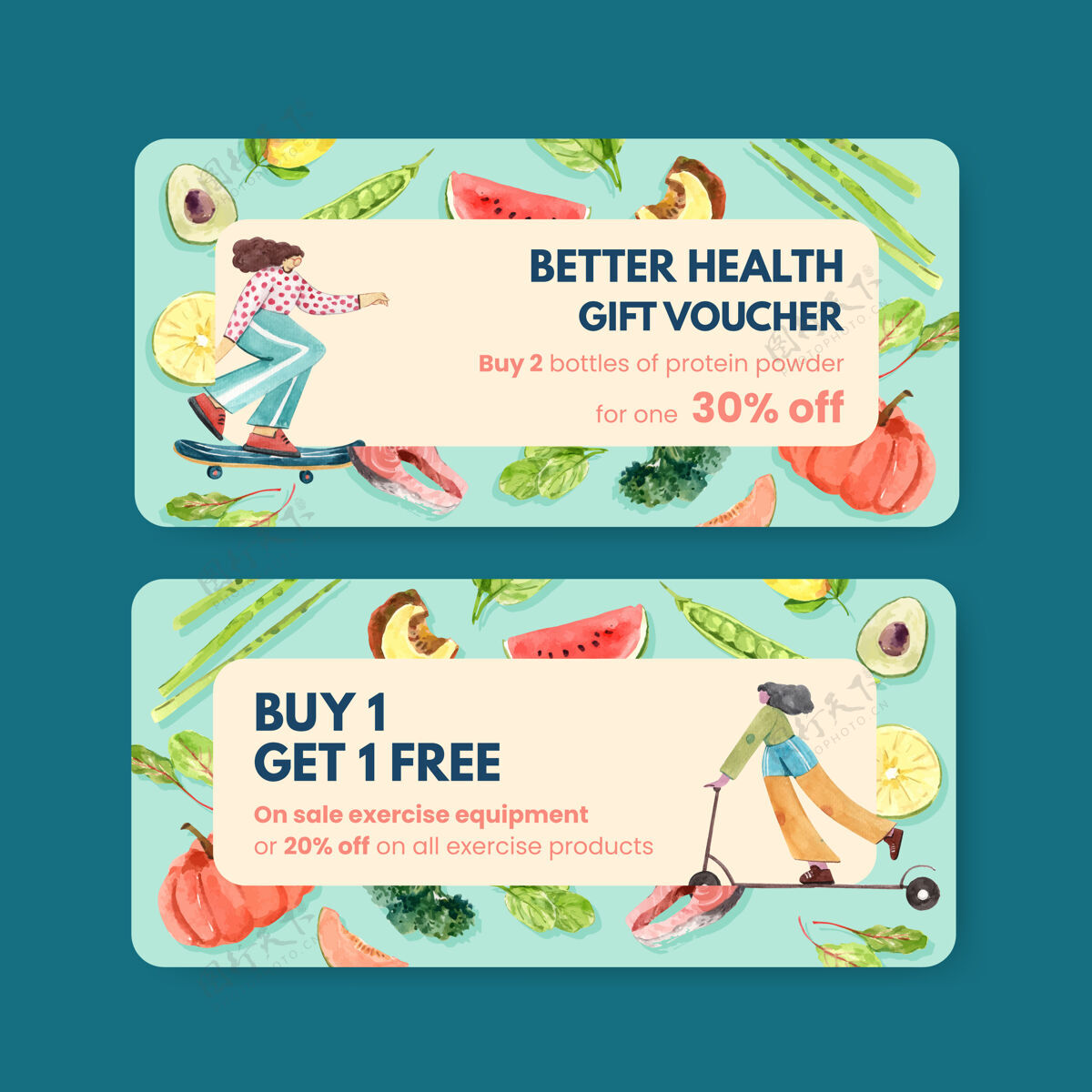 模板水彩风格的世界卫生日优惠券模板水果护理生活方式