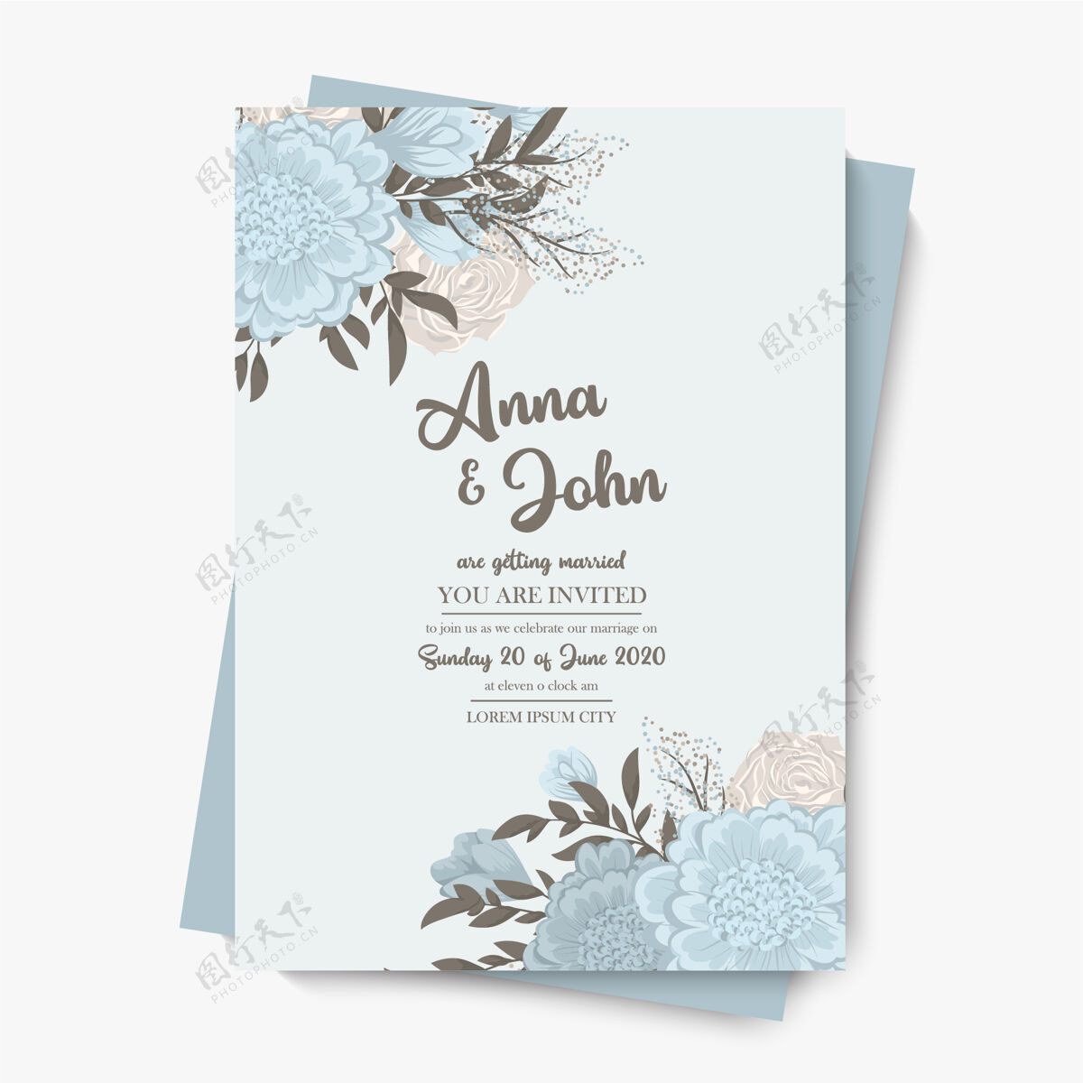 浅蓝色花卉婚礼模板-浅蓝色花卉框架玫瑰卡片保存日期