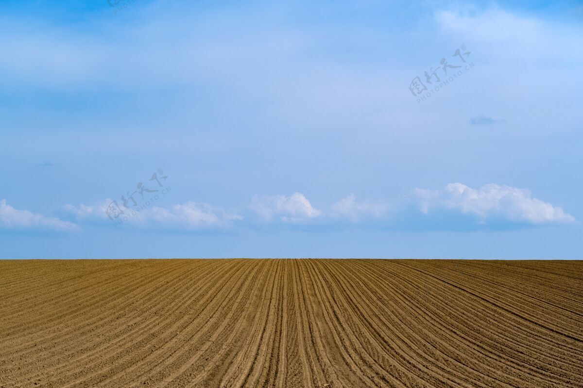 乡村蓝天上一片刚犁过的农田的美丽照片农业划船户外