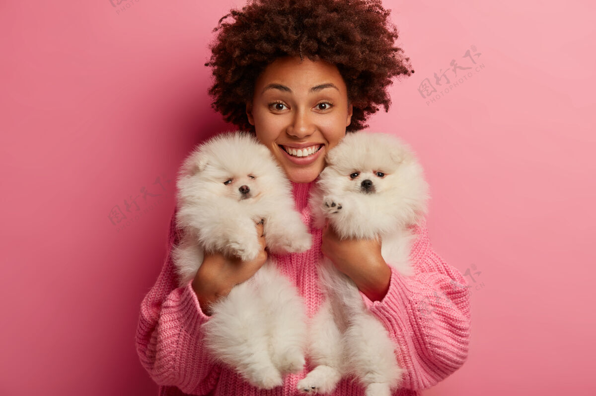 宠物快乐可爱的卷发女人抱着两只纯种小狗 笑容灿烂 在室内摆姿势 做志愿者微笑动物室内