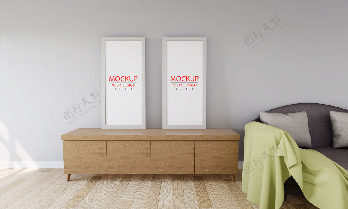 真实客厅模型中的海报框架装饰房间公寓