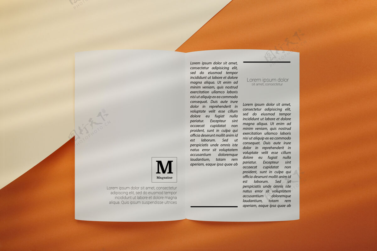 橙色打开编辑杂志模型的顶视图优雅米色阴影覆盖