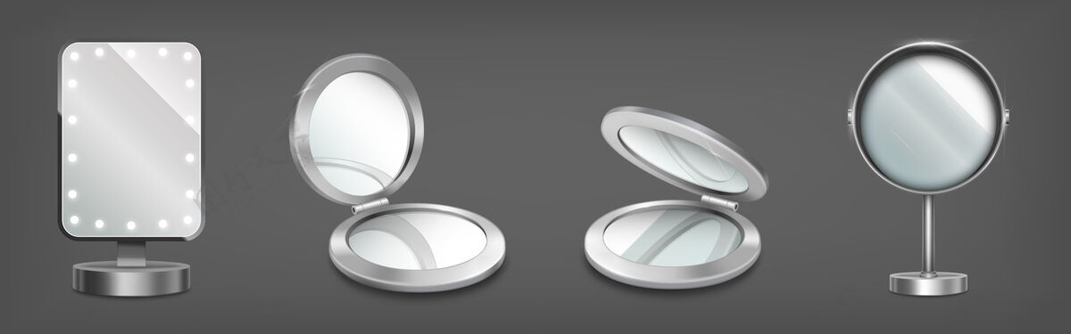 灯泡横幅与化妆镜的立场和紧凑的圆形盒子经典光泽圆形