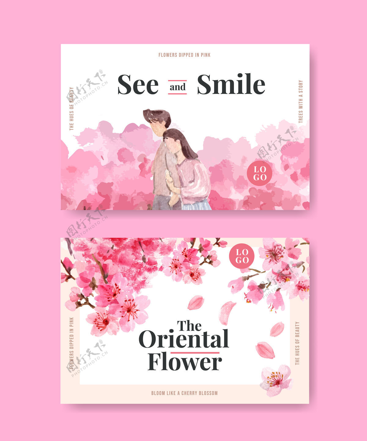日本Facebook模板与樱花概念设计社交媒体和社区水彩插图网络互联网园林