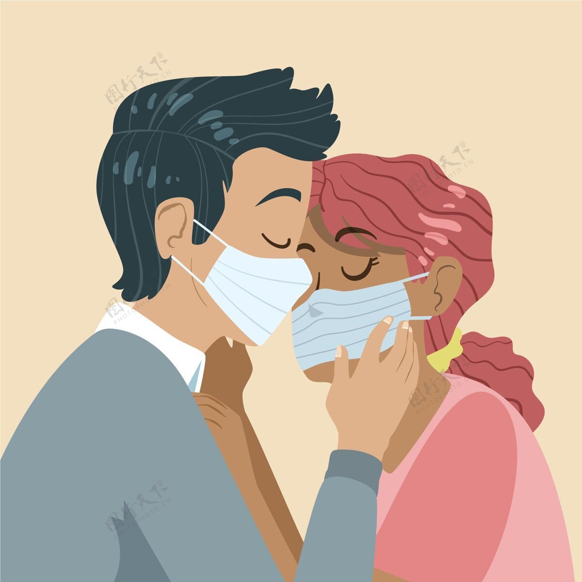 冠状病毒手绘情侣亲吻与covid面具插图亲吻配对在一起