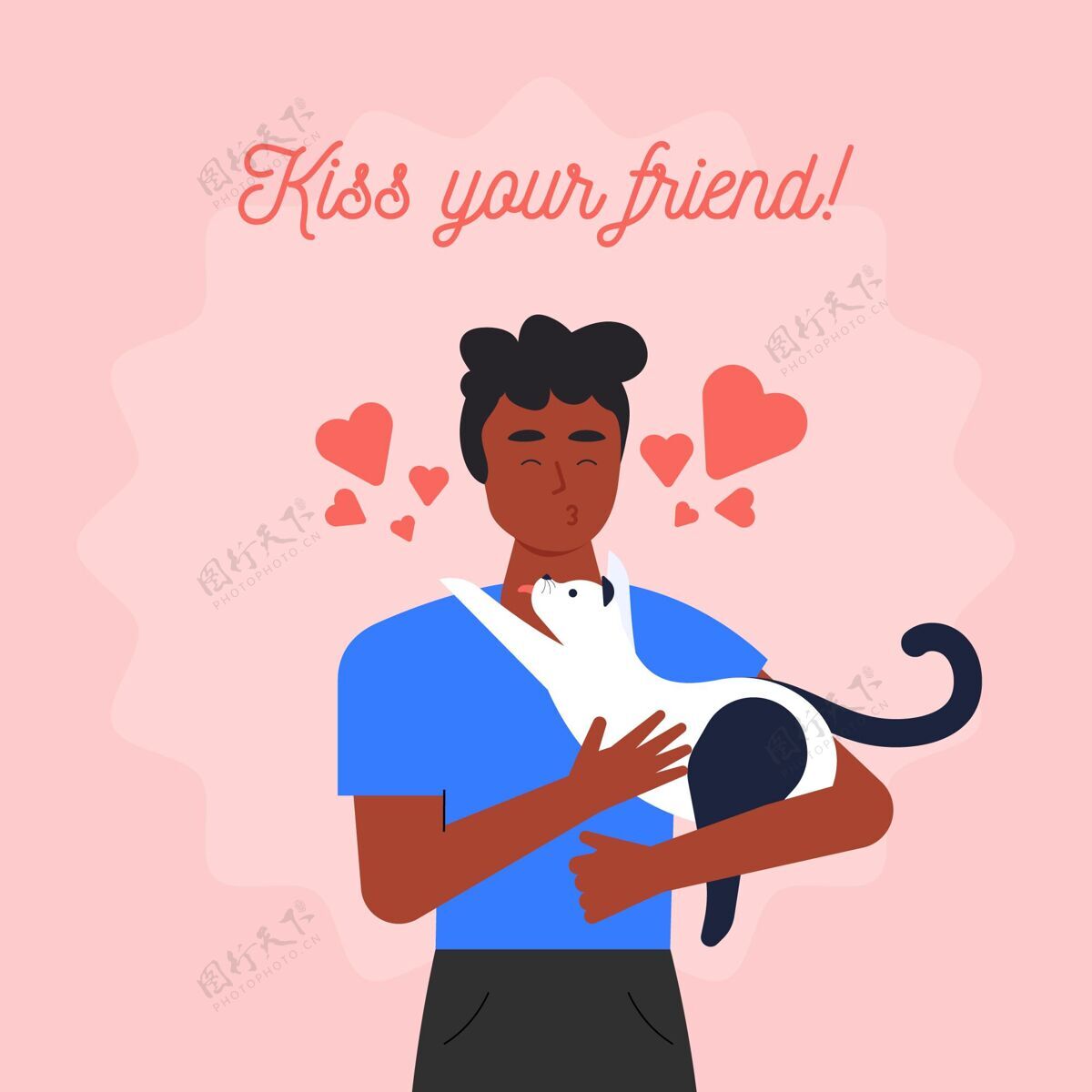 爱平面国际接吻日插图与男子和猫国际感情接吻日