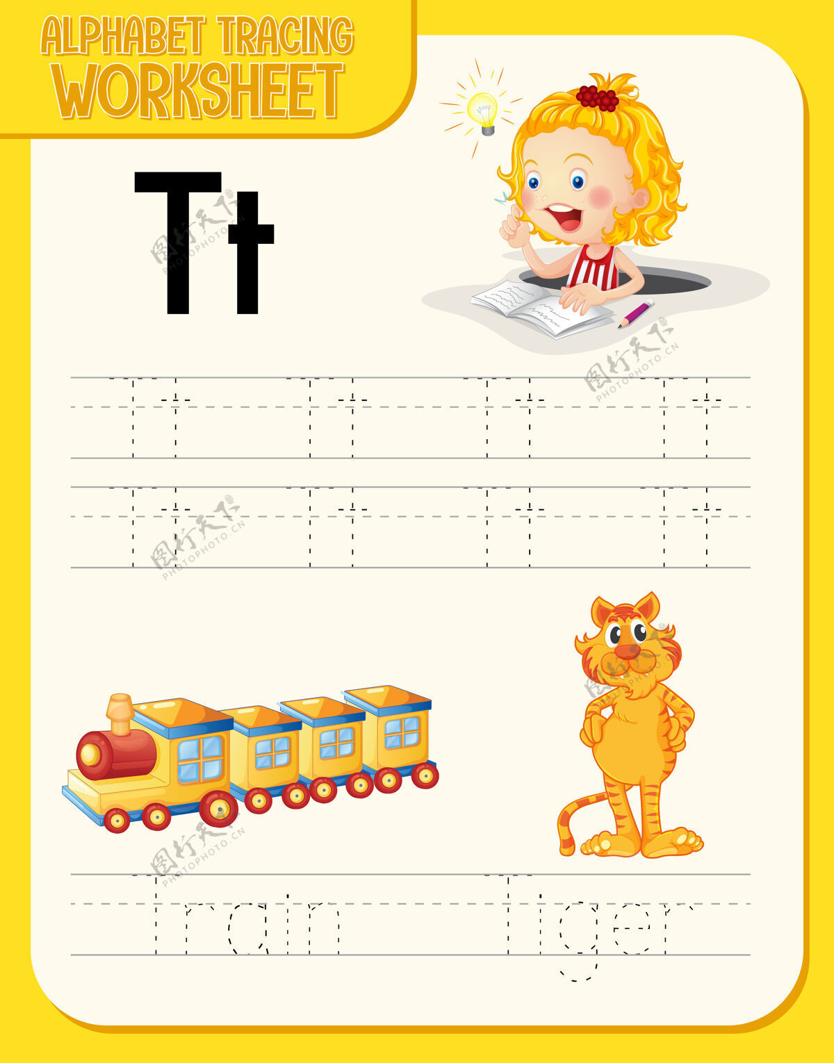 青年字母表跟踪工作表与字母t和t幼儿园卡通语言