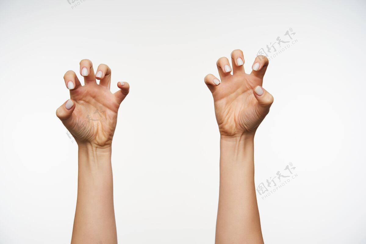符号用白色指甲模仿动物的爪子和爪子特写举起的手皮肤站立美丽