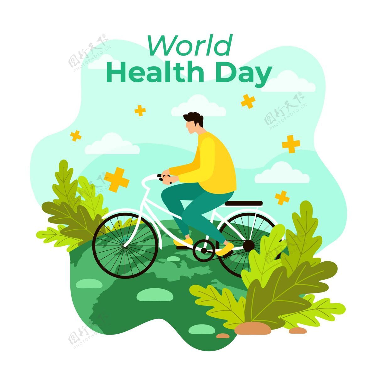 健康世界卫生日男子骑自行车插画公寓设计自行车健康