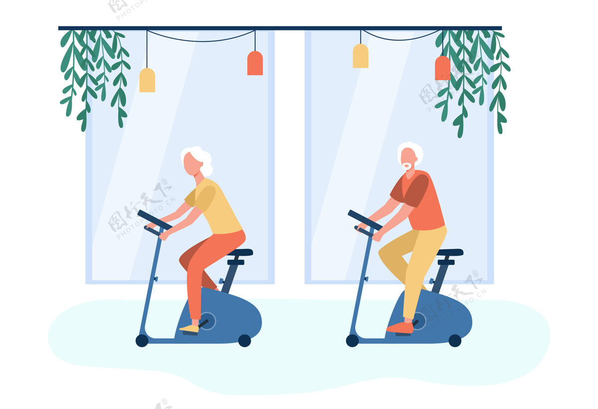老年人老年人在健身房锻炼自行车卡通插图祖父养老金运动