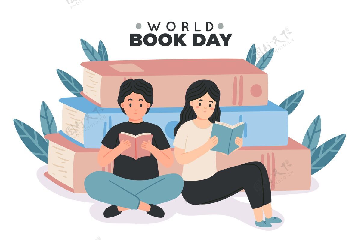 国际手绘世界图书日插图与人们一起阅读知识学习卷