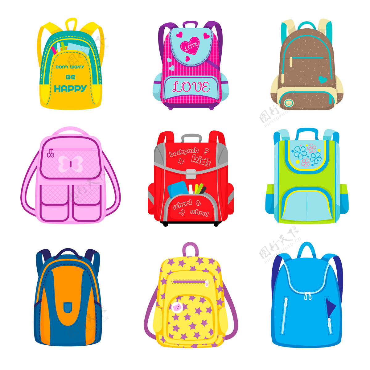 铅笔小学背包套装儿童书包 带打开口袋的用品 儿童包和帆布包卡通插画背行李书包