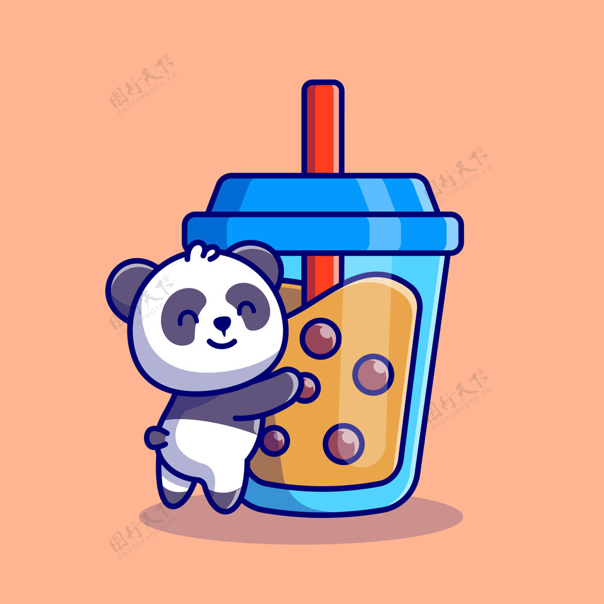 宠物可爱的熊猫拥抱波巴奶茶卡通图标插图动物饮料图标概念溢价平面卡通风格冷玻璃咖啡