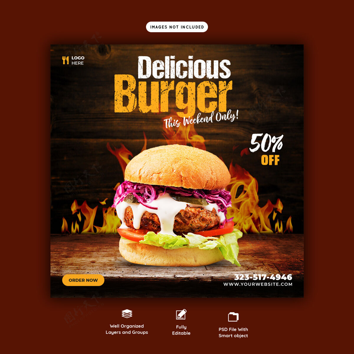 社交媒体美味汉堡和食物菜单社交媒体发布模板菜单美味食物促销