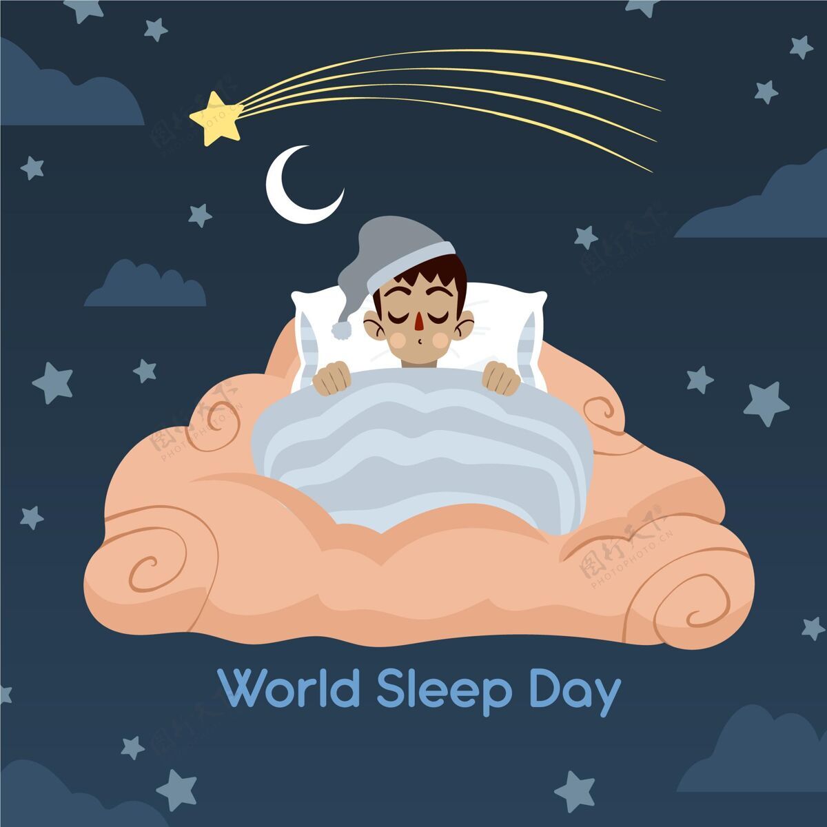 插图手绘的世界睡眠日插图与睡觉的人在床上流星意识健康