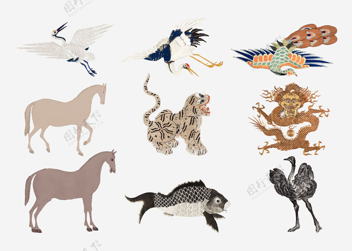 鸟古老的动物刺绣和插图集龙工艺鸵鸟