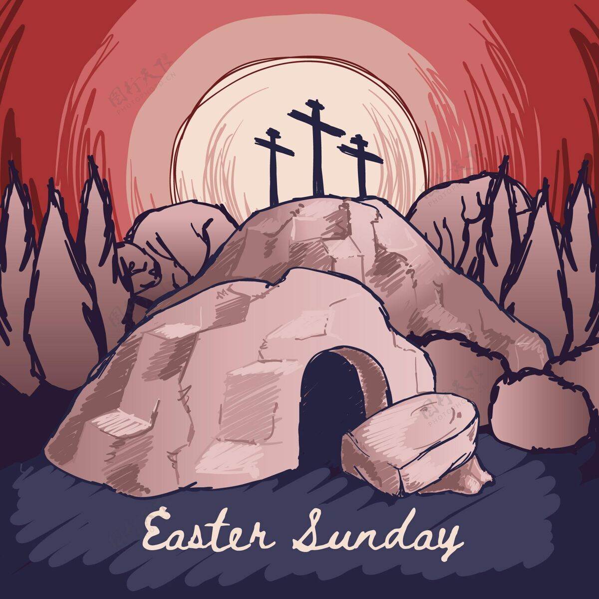 复活手绘复活节星期天十字架插图纪念复活节上帝