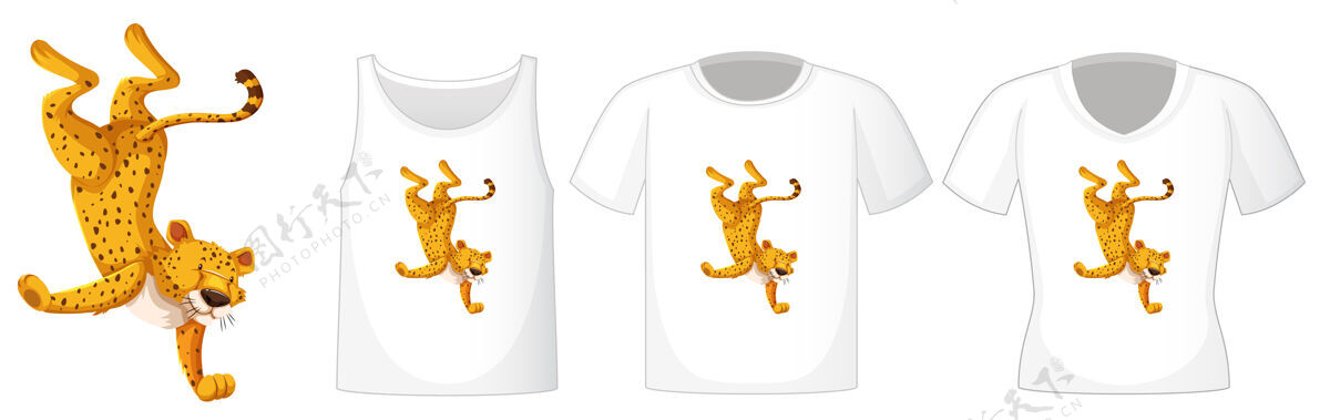 设置一套不同的衬衫与豹子舞蹈卡通人物隔离在白色背景上颜色动物彩色
