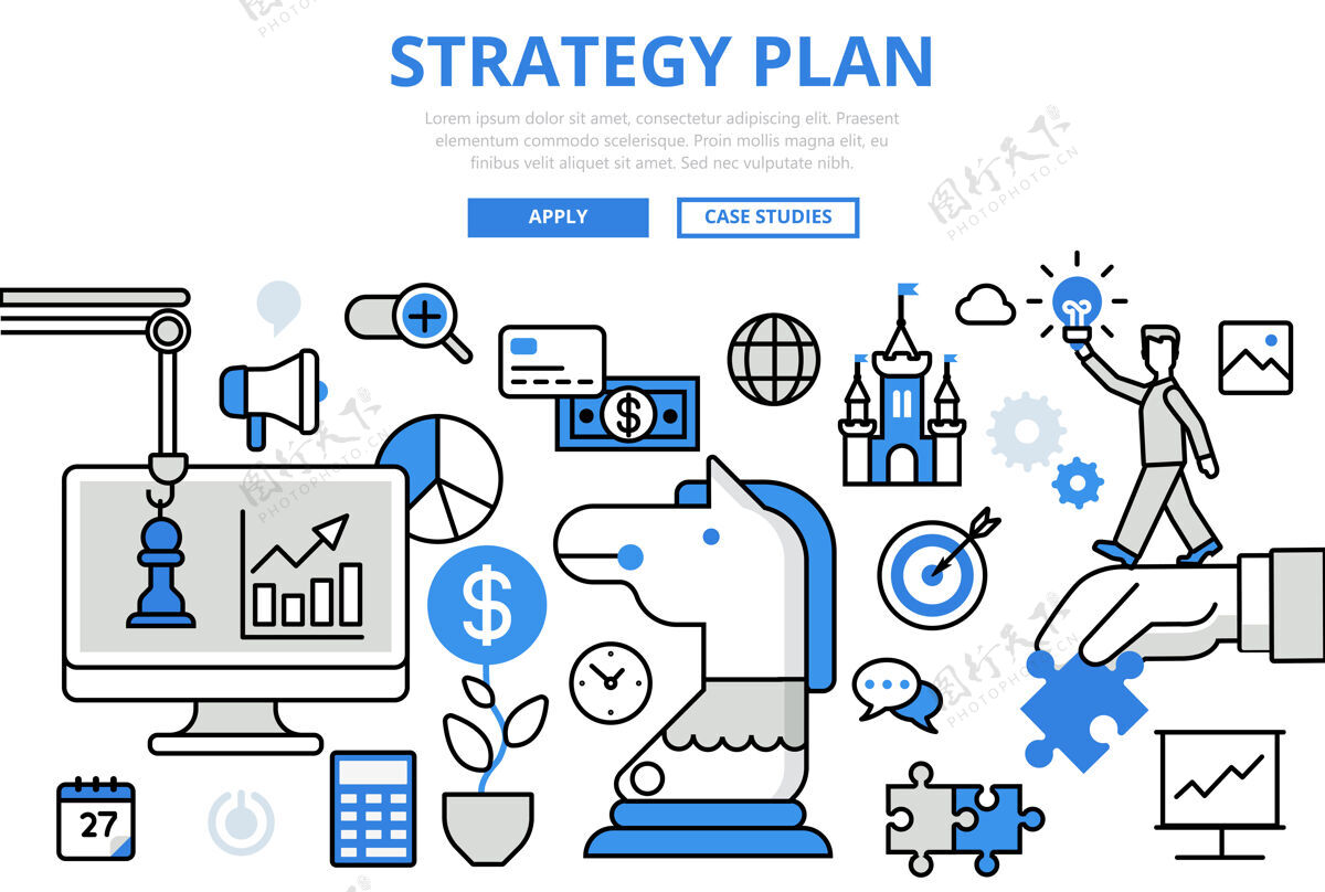 线性艺术战略规划战略规划商业概念平面线艺术图标战略骑士未来