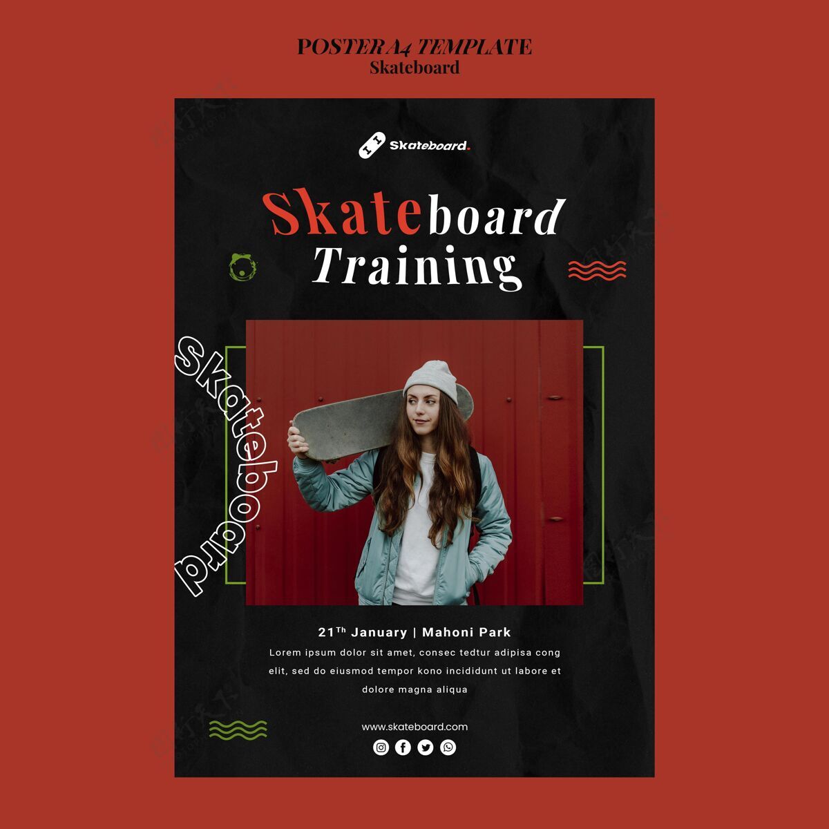 女子垂直海报模板与女子滑板运动印刷模板女子