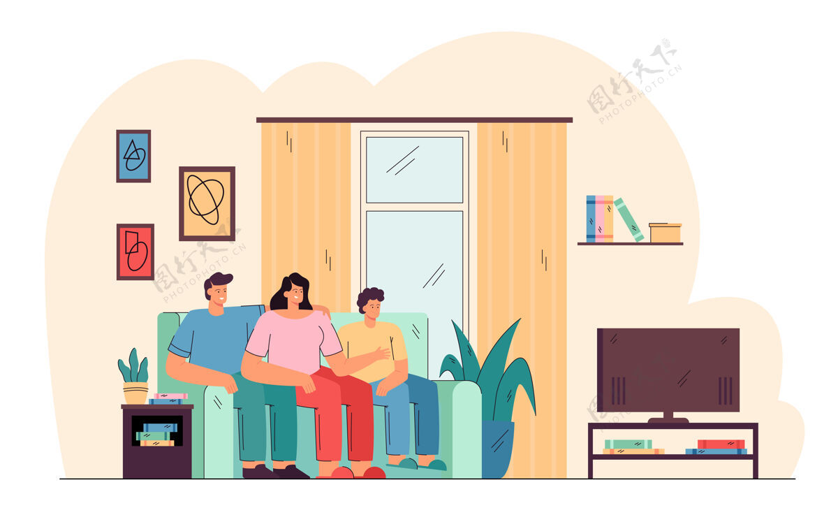 卡通微笑的一家人坐在沙发上看电视电视室内沙发