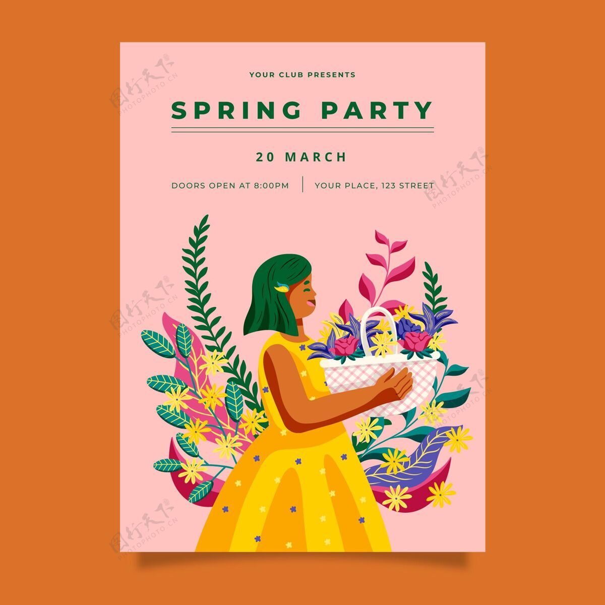 开花手绘春季派对海报春天开花植物