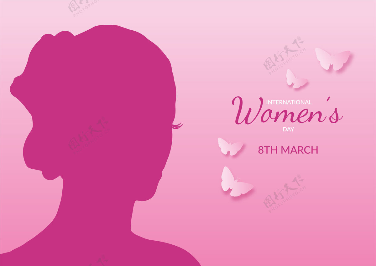 海报国际妇女节背景与女性剪影和蝴蝶女孩妇女节传单
