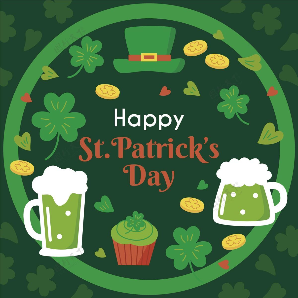 绿色平面圣帕特里克节快乐插图文化爱尔兰传统