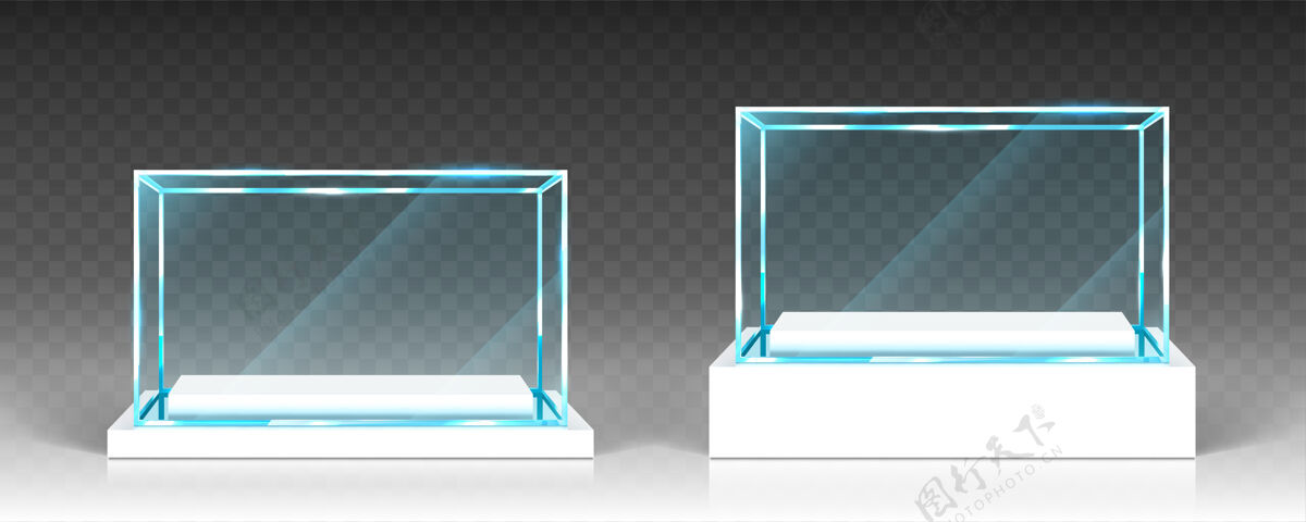 讲台玻璃展示柜 展示 展台 透明盒子 白色木头或塑料底座上的前视图水晶块 展览或颁奖台 孤立的有光泽的物体 逼真的三维矢量插图木头正面展台
