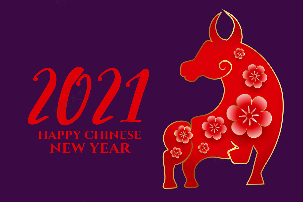 代表2021年中国新年快乐 牛年鲜花盛开生肖农历文化