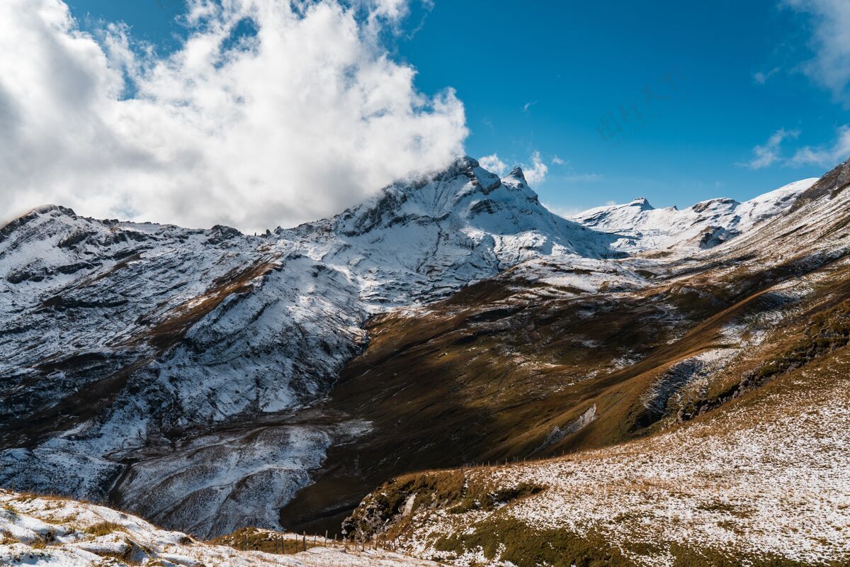 岩石瑞士晴朗的蓝天下 高高的落基山脉覆盖着白雪树冰川木头