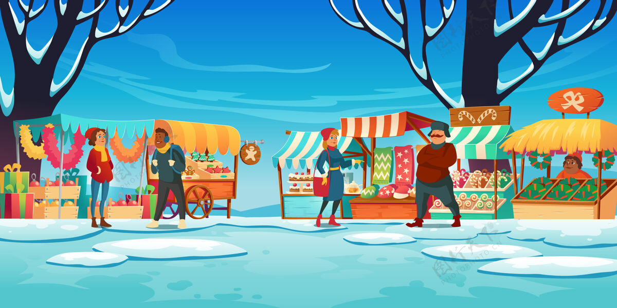 景观有摊位 卖家和顾客的圣诞市场 有摊位的冬季街市 传统糖果和礼品 出售的杉树装饰小亭建筑人