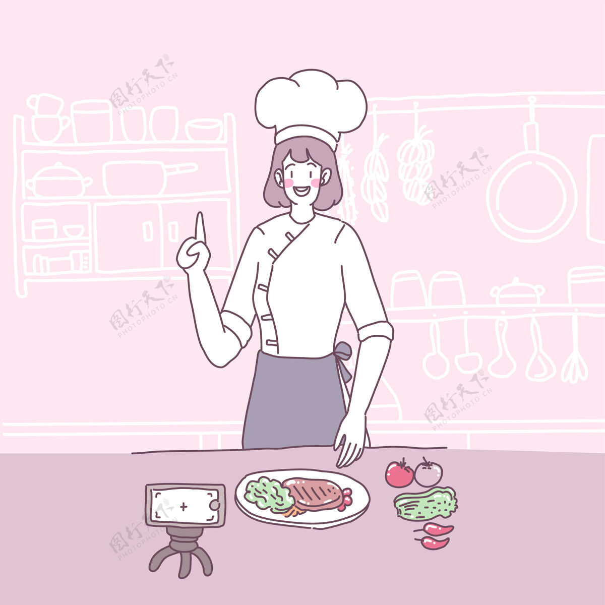 厨房矢量平面插图与一个女孩谁在厨房做饭晚餐家庭主妇工作