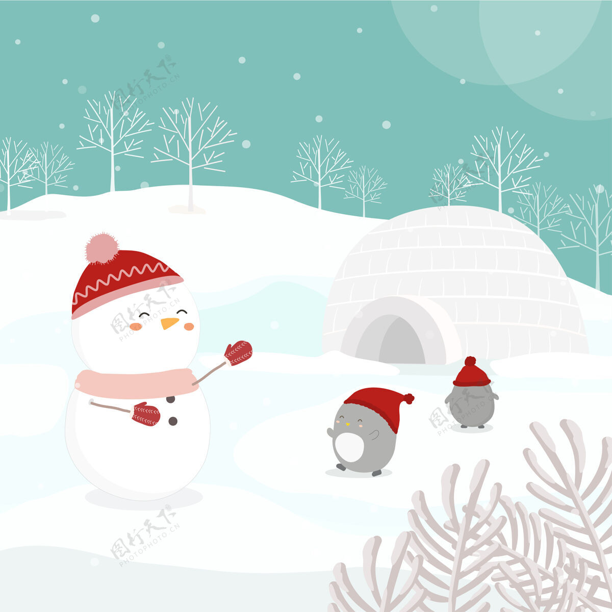 雪花雪人和企鹅在雪地上的矢量角色圣诞卡乐趣企鹅