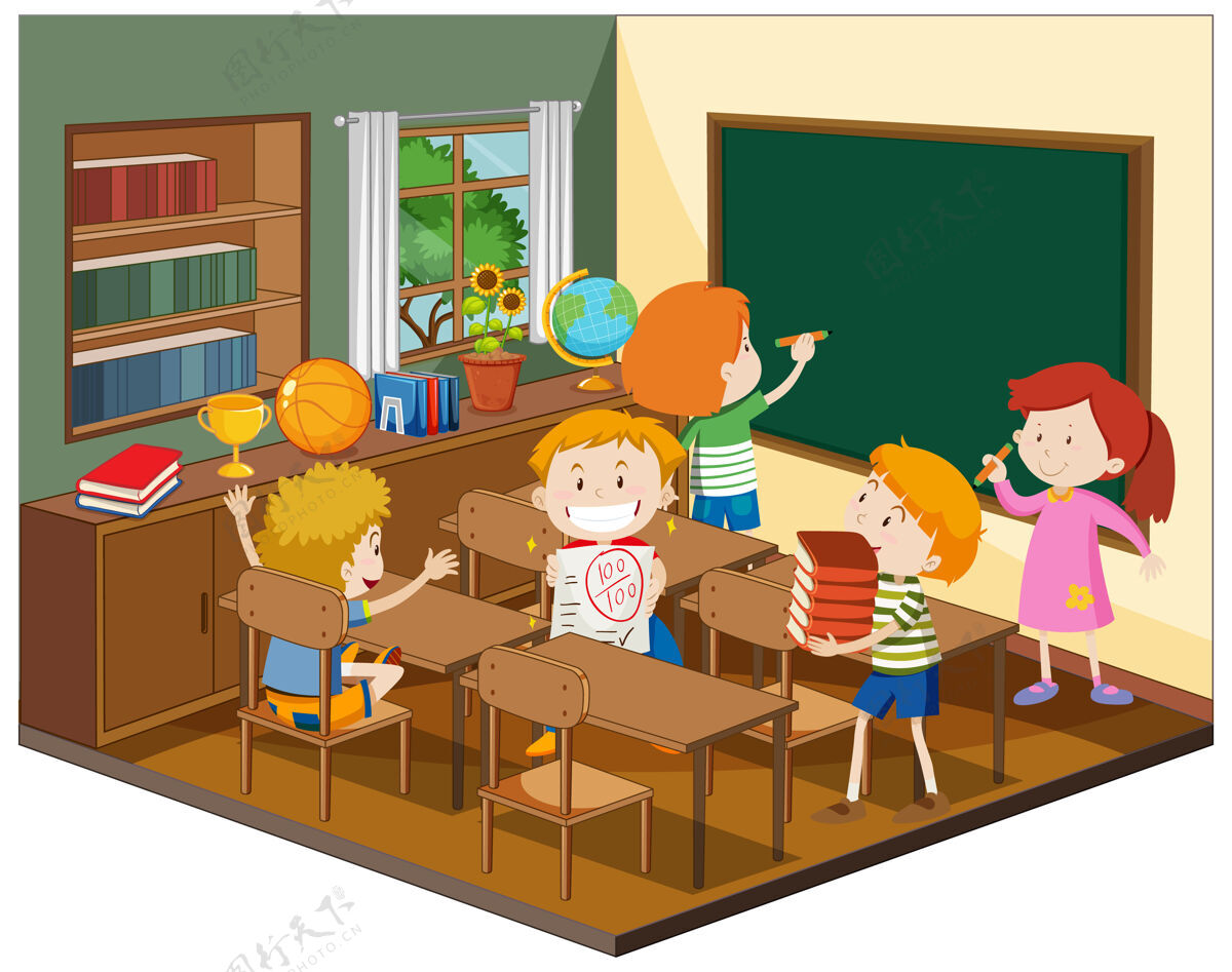 等角图孩子们在教室里摆设家具学校主题房间