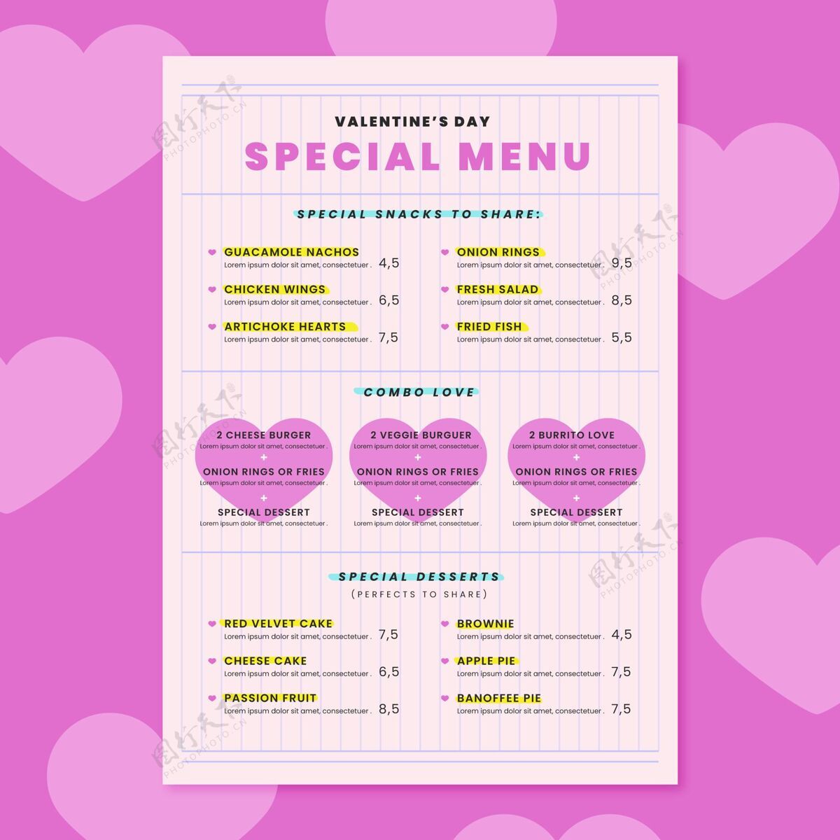 打印平面设计情人节菜单模板情人节准备菜单
