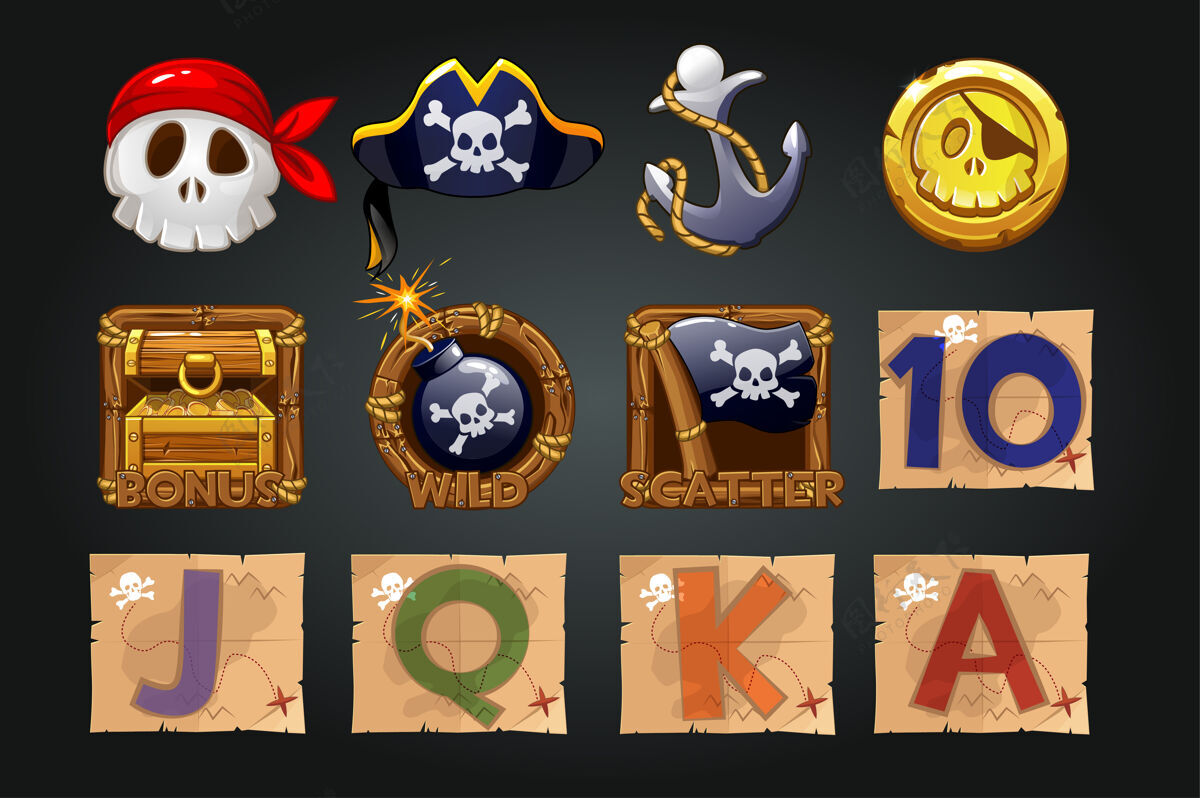 运气老虎机的海盗图标集硬币 宝藏 骷髅 游戏的海盗符号各种骷髅方块