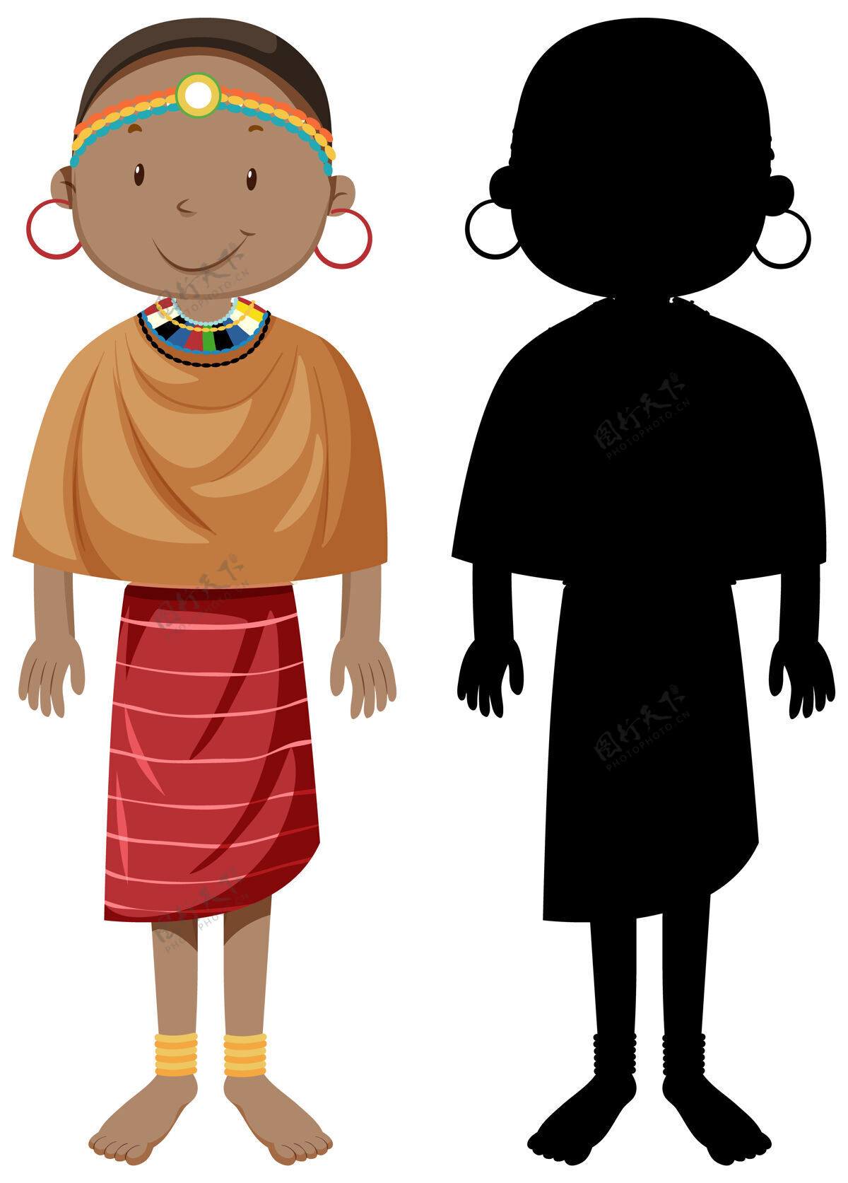 人类一组非洲部落人物的轮廓影子青年衣服
