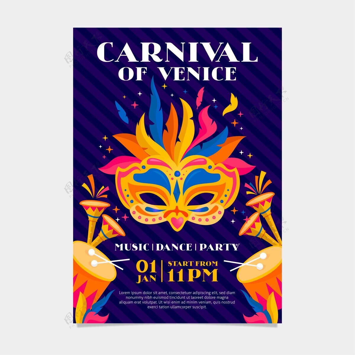 准备威尼斯狂欢节海报模板与彩色面具绘画威尼斯庆祝
