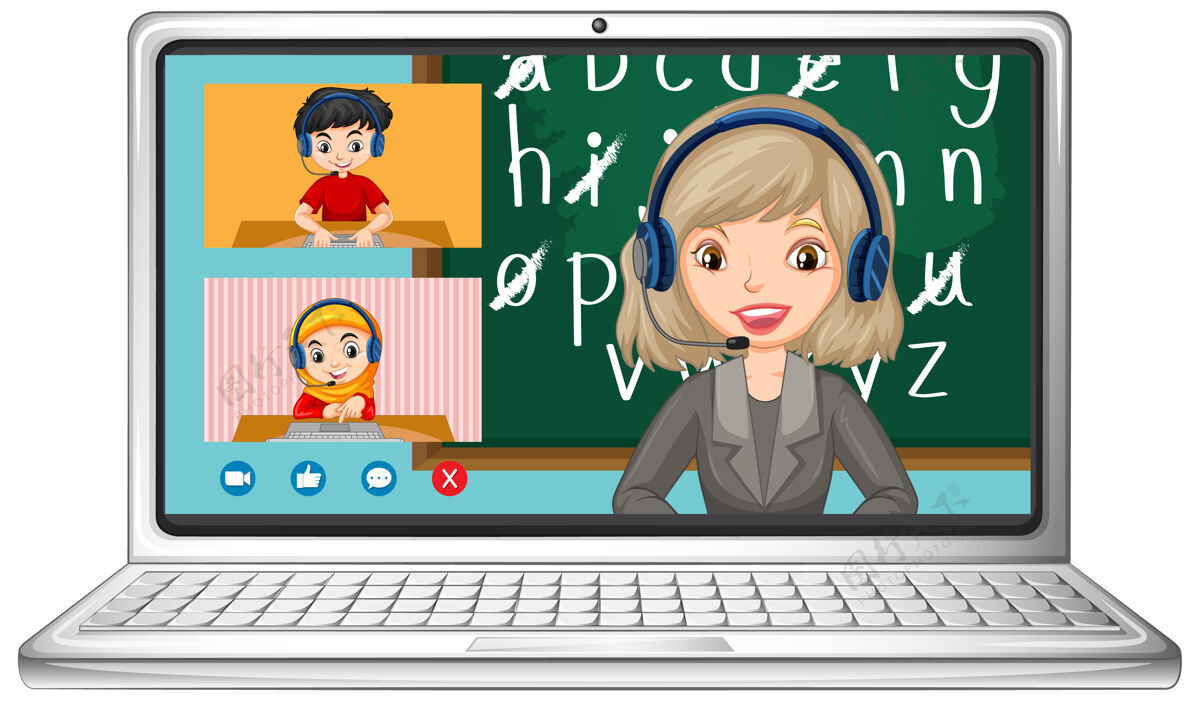 计算机学生视频聊天在线屏幕上的笔记本电脑上的白色背景通信互联网家庭