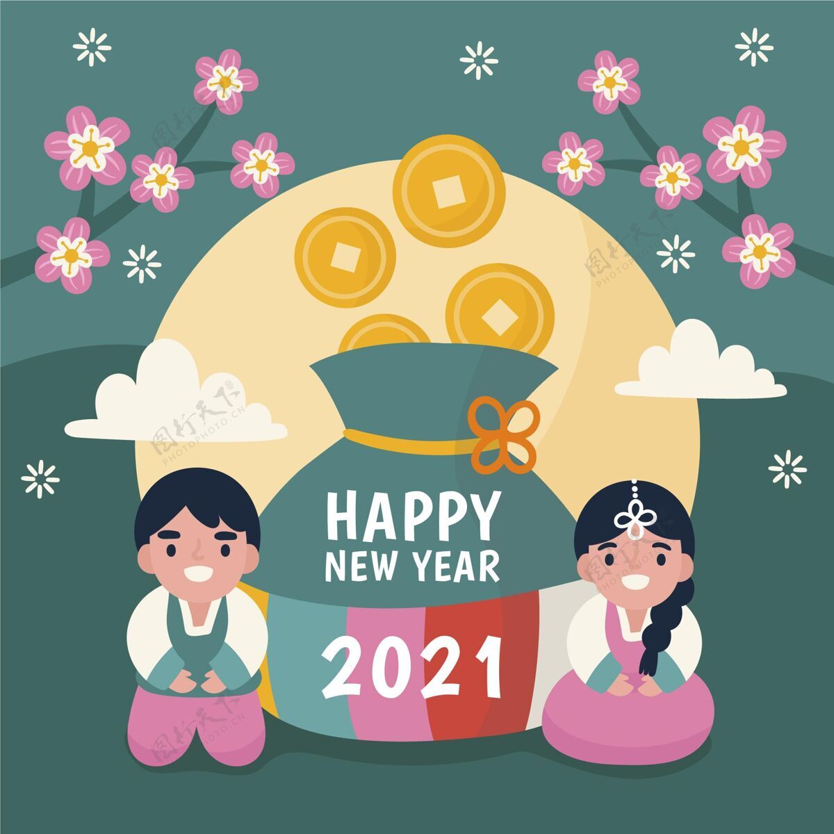 庆祝有情侣和硬币的小插画手2021年年份