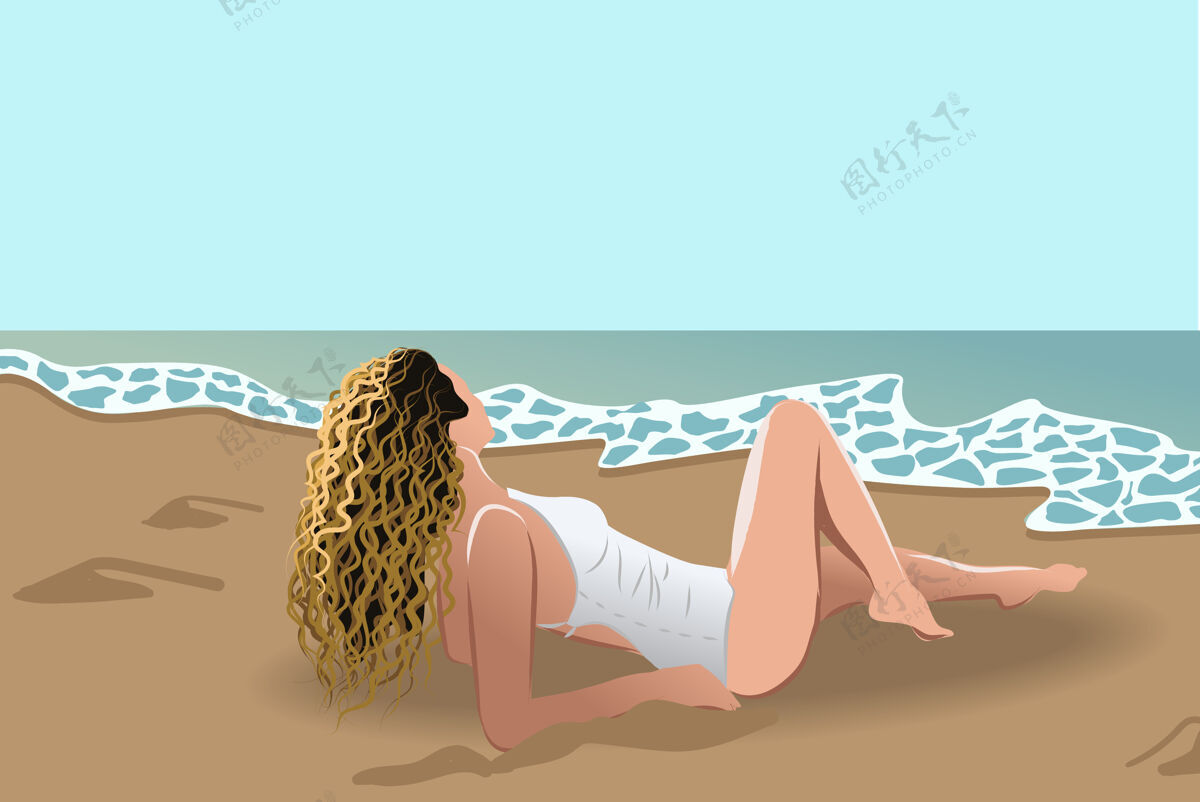 女性脏兮兮的金发女人穿着白色泳衣在海边晒太阳金发服装插图