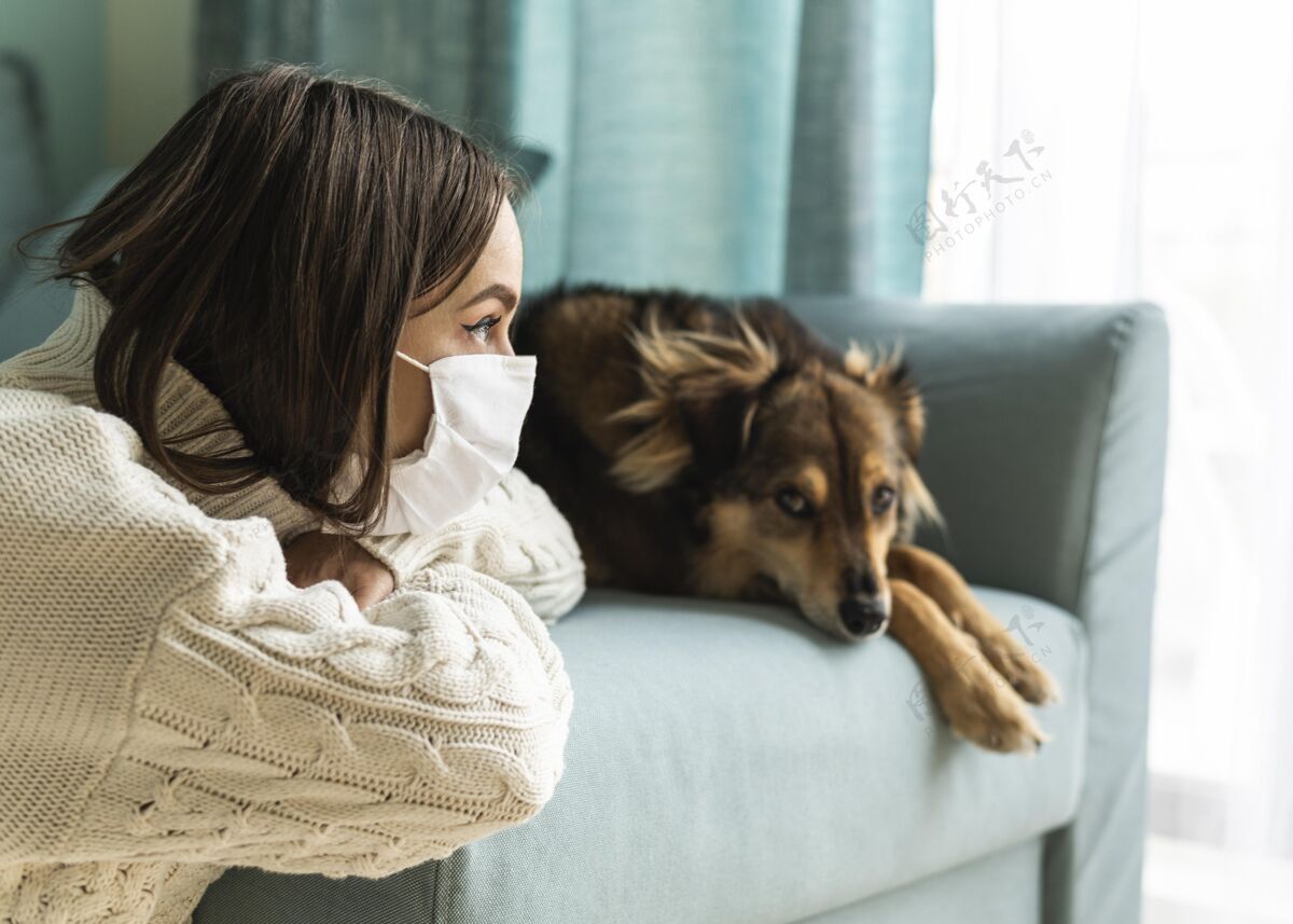 社会距离大流行期间 一个戴着医用口罩的女人坐在家里的狗旁边水平女性妇女