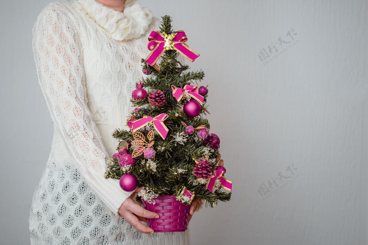 季节特写镜头：一个白人妇女拿着一棵小圣诞树 放在一个紫色装饰的罐子里传统十二月礼物