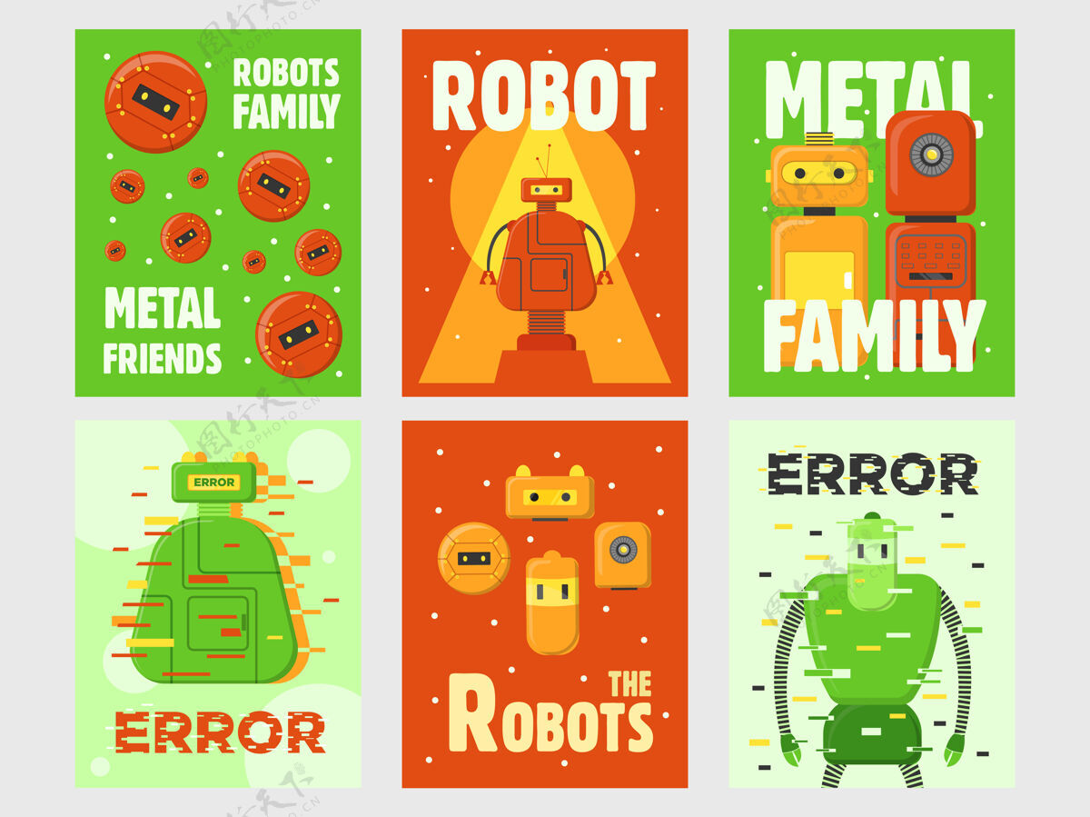 几何机器人传单集人形 电子人 智能机器矢量插图与绿色和红色背景上的文字机器人概念海报和贺卡设计插图学校文本