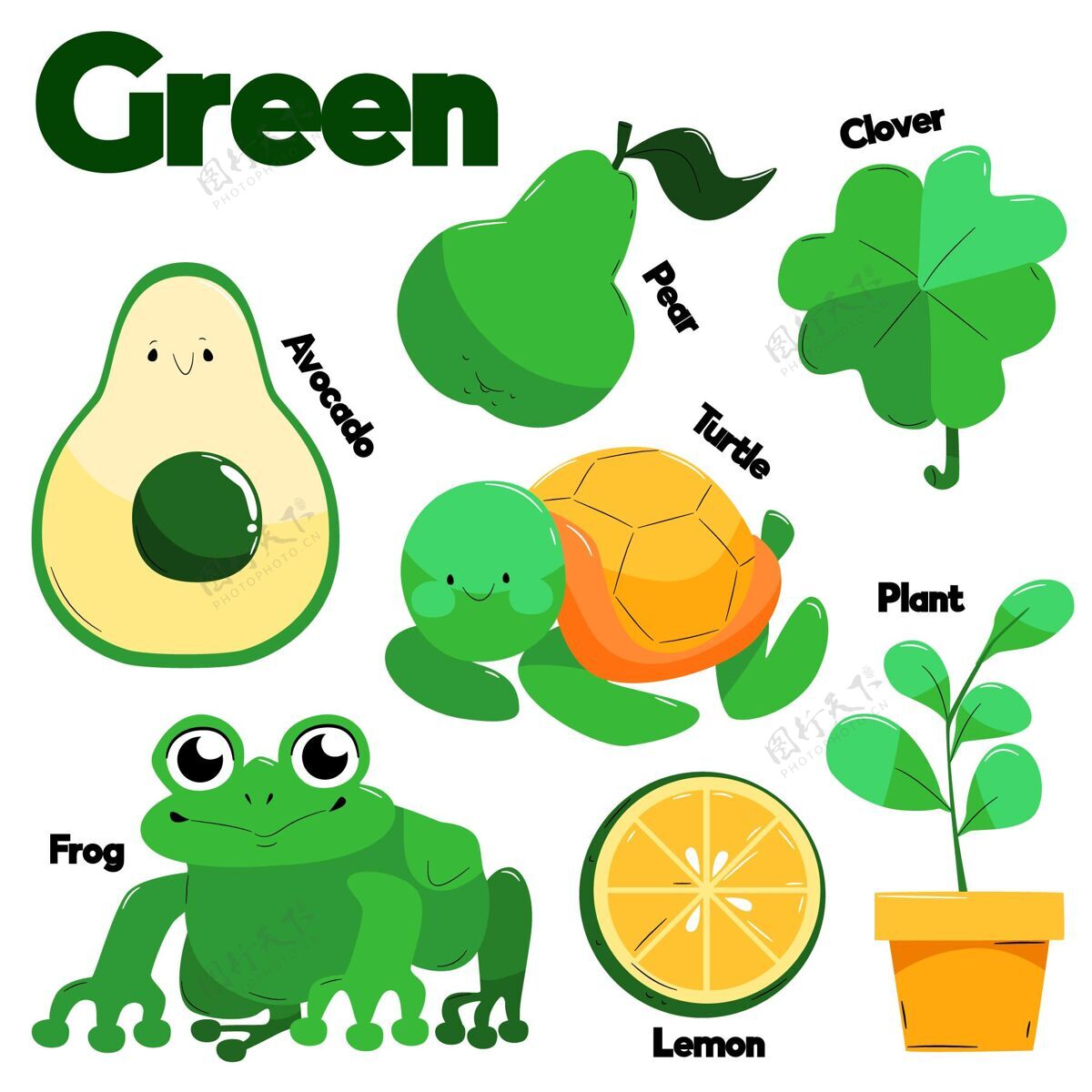 集合收集绿色物品和英语词汇实践教育幼儿园